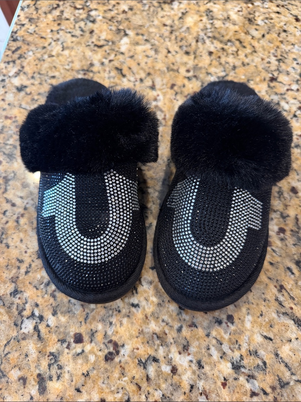 True Religion Black Faux fur small 5 - 6 Slippers Rhinestone Logo black